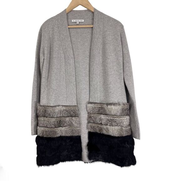 The Cashmere Project Rabbit Fur Trim Open Front Cardigan Sweater Grey XS - Picture 3 of 9